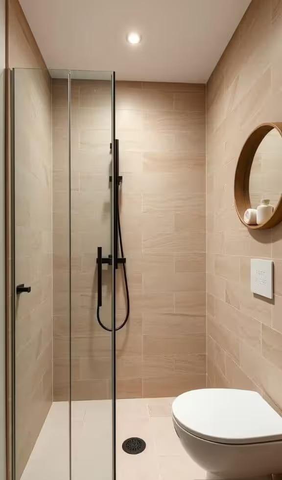 Salle de bain élégante et moderne couverte de carreaux de couleur beige